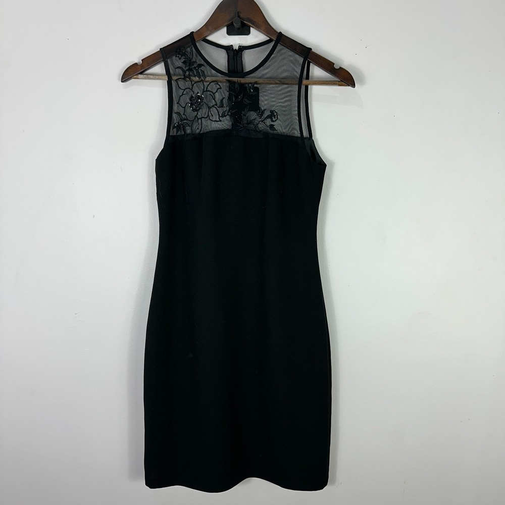 Vtg Y2K Sleeveless Mini Dress Women S Black Mesh Floral Beaded Fairy Grunge